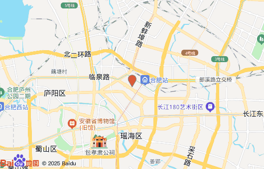 旧官网位置示意图：合肥站周边，保留百度地图标记和署名